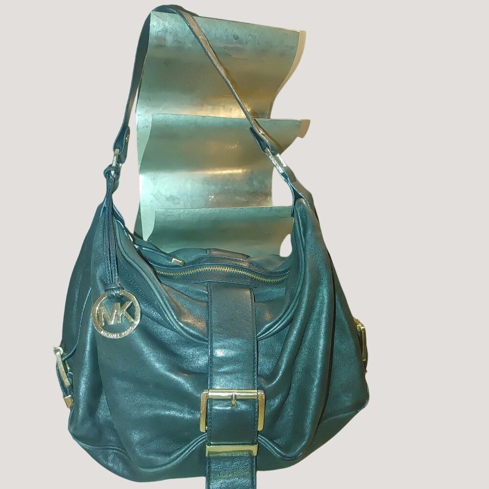 Michael Kors Black Leather Hobo Shoulder Bag MK Logo Large Gold Accents